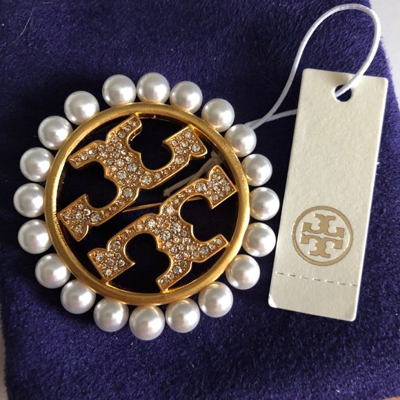 Tory Burch Gold Miller Pavé Pearl Brooch - Picture 12 of 16